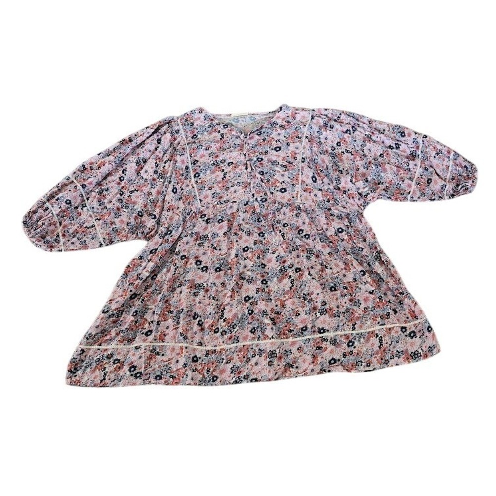 Natural Life Floral Babydoll Tunic Top Pink Blue XL Boho Button Front Mini Dress